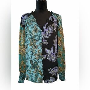Rose & Olive Teal and Black Paisley Blouse, Size Large, NWOT